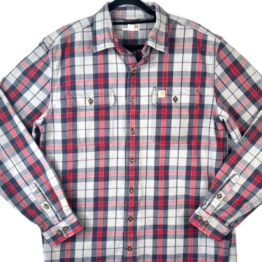CARHARTT Shirt Men's Size L Tall Grey Blue Red Hubbard Plaid Long Sleeve